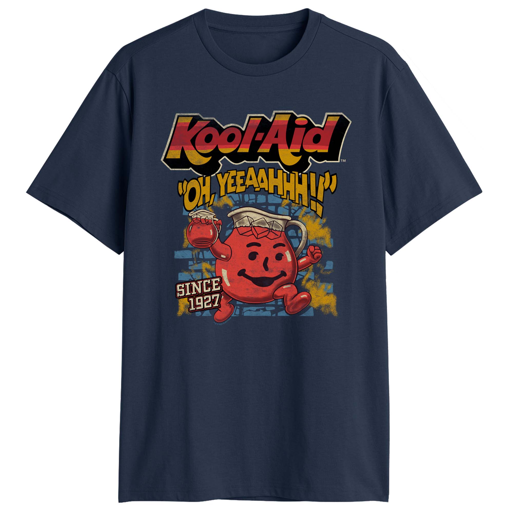 Retro distressed Kool-Aid Man graphic tee with Oh Yeahhh slogan on navy shirt
