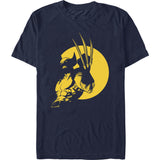 Marvel Wolverine claw silhouette graphic tee with minimalist comic-inspired artwork on navy shirt
