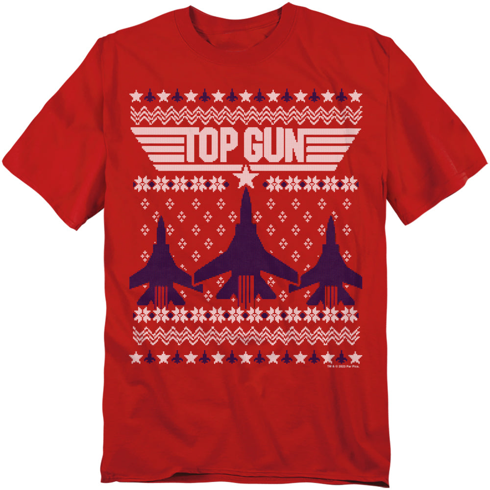 Red t-shirt featuring a knit-style Top Gun design with fighter jets, stars, and holiday sweater patterns.