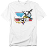 White t-shirt featuring a retro fighter jet graphic blasting through clouds with the Top Gun logo in bold red and black stripes.