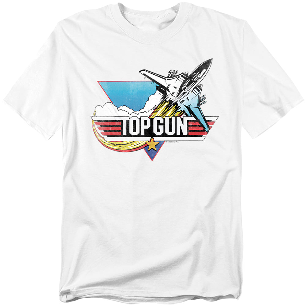 White t-shirt featuring a retro fighter jet graphic blasting through clouds with the Top Gun logo in bold red and black stripes.