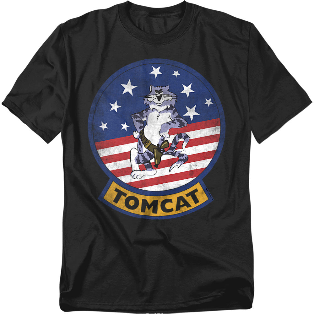 Black T-shirt with a distressed Top Gun Tomcat mascot graphic featuring a cartoon cat over stars and stripes.