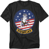 Black T-shirt with a distressed Top Gun Tomcat mascot graphic featuring a cartoon cat over stars and stripes.