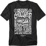 Black t-shirt with white text design featuring Coming to America character Randy Watson and his band Sexual Chocolate, with phrases like “That boy’s good” and “Est. 1988.”