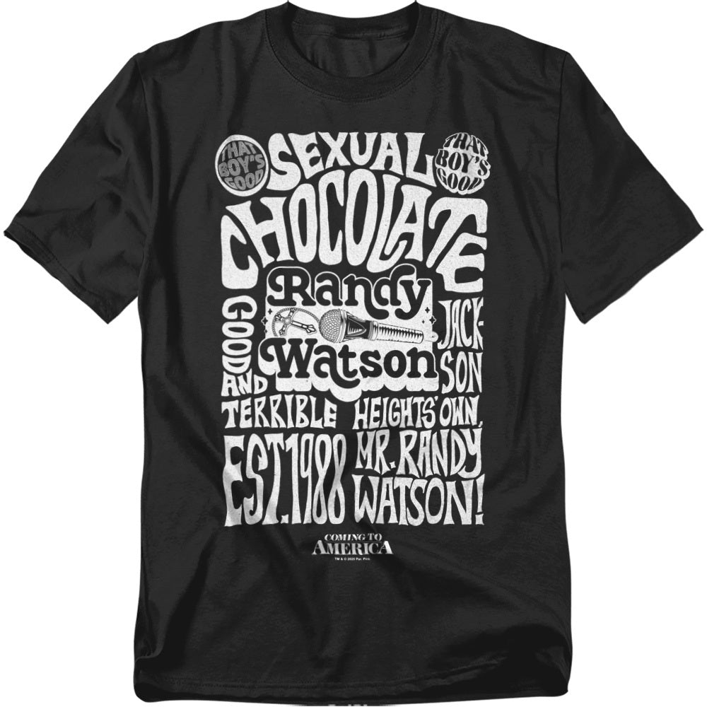 Black t-shirt with white text design featuring Coming to America character Randy Watson and his band Sexual Chocolate, with phrases like “That boy’s good” and “Est. 1988.”