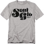 Heather gray t-shirt with black retro Soul Glo logo from Coming to America, styled with a vintage distressed print.