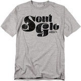 Heather gray t-shirt with black retro Soul Glo logo from Coming to America, styled with a vintage distressed print.