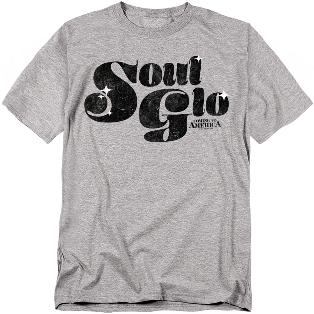 Heather gray t-shirt with black retro Soul Glo logo from Coming to America, styled with a vintage distressed print.