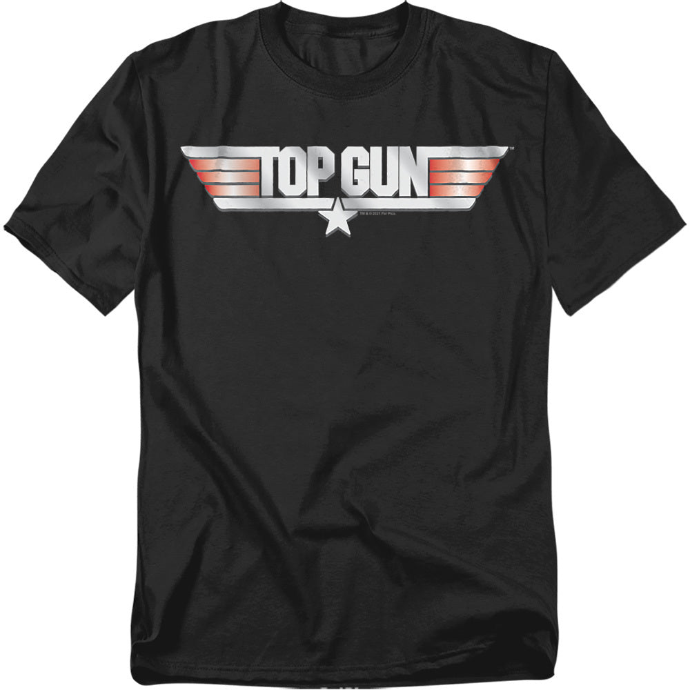 Black T-shirt with silver and red metallic Top Gun winged logo graphic.