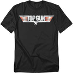 Black T-shirt with silver and red metallic Top Gun winged logo graphic.