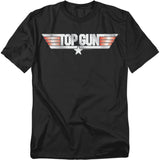 Black T-shirt with silver and red metallic Top Gun winged logo graphic.