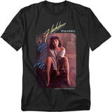Black t-shirt with a Flashdance movie poster graphic of Jennifer Beals sitting in her off-the-shoulder sweatshirt with “Flashdance What a Feeling” text.