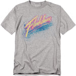 Gray t-shirt with the Flashdance movie logo in pink, yellow, and aqua neon script.