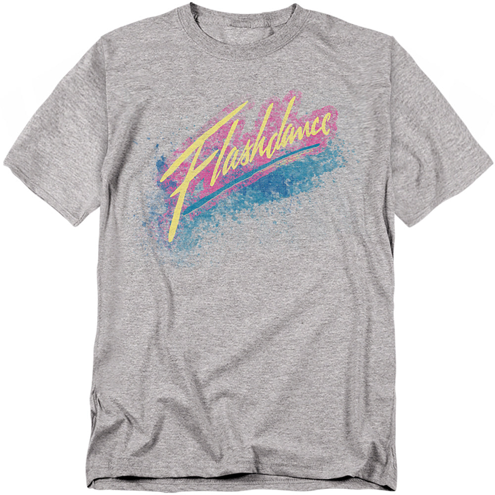 Gray t-shirt with the Flashdance movie logo in pink, yellow, and aqua neon script.