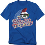 Royal blue t-shirt with the Major League movie logo featuring a baseball wearing sunglasses and a red mohawk, flying forward with motion lines.