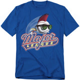Royal blue t-shirt with the Major League movie logo featuring a baseball wearing sunglasses and a red mohawk, flying forward with motion lines.