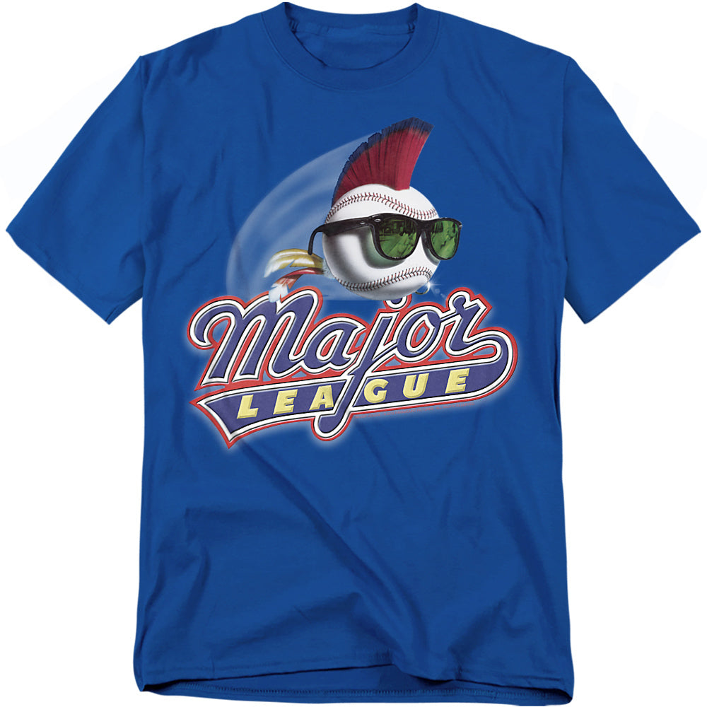 Royal blue t-shirt with the Major League movie logo featuring a baseball wearing sunglasses and a red mohawk, flying forward with motion lines.