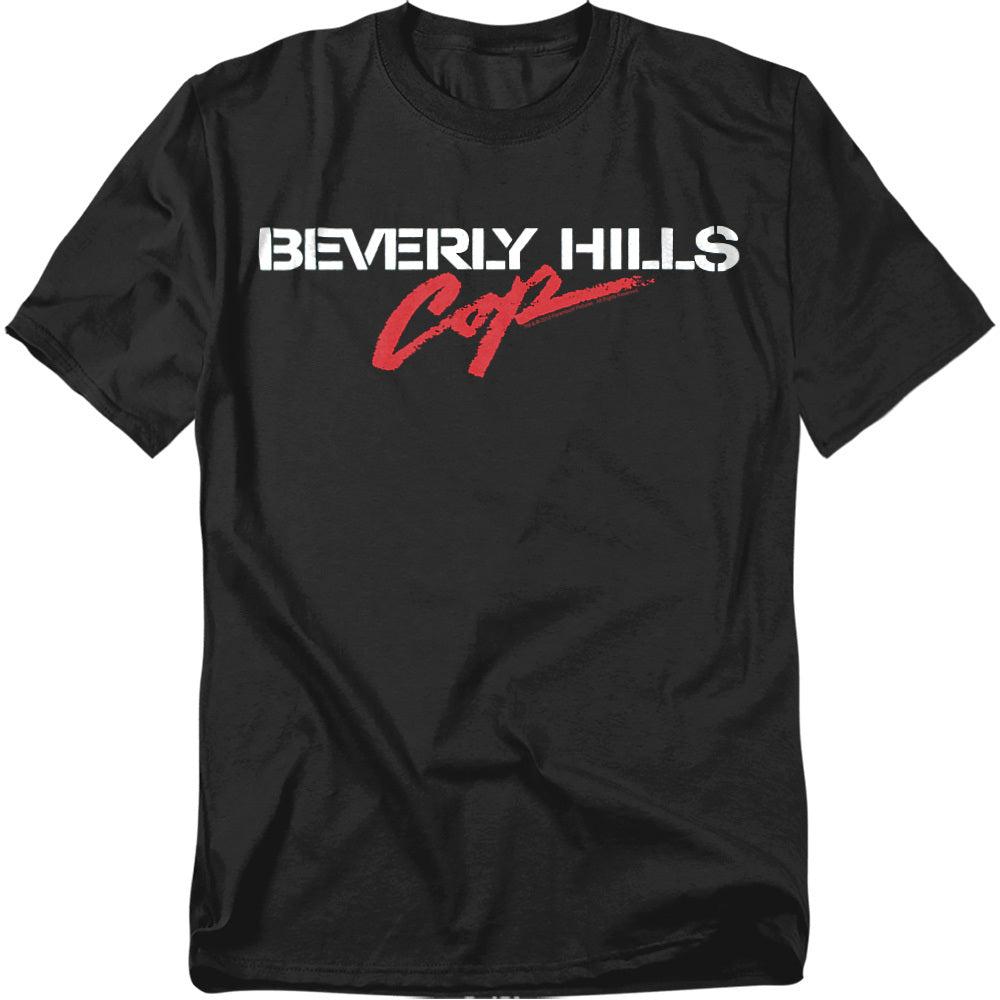 Black t-shirt with the Beverly Hills Cop movie logo in white and red lettering.