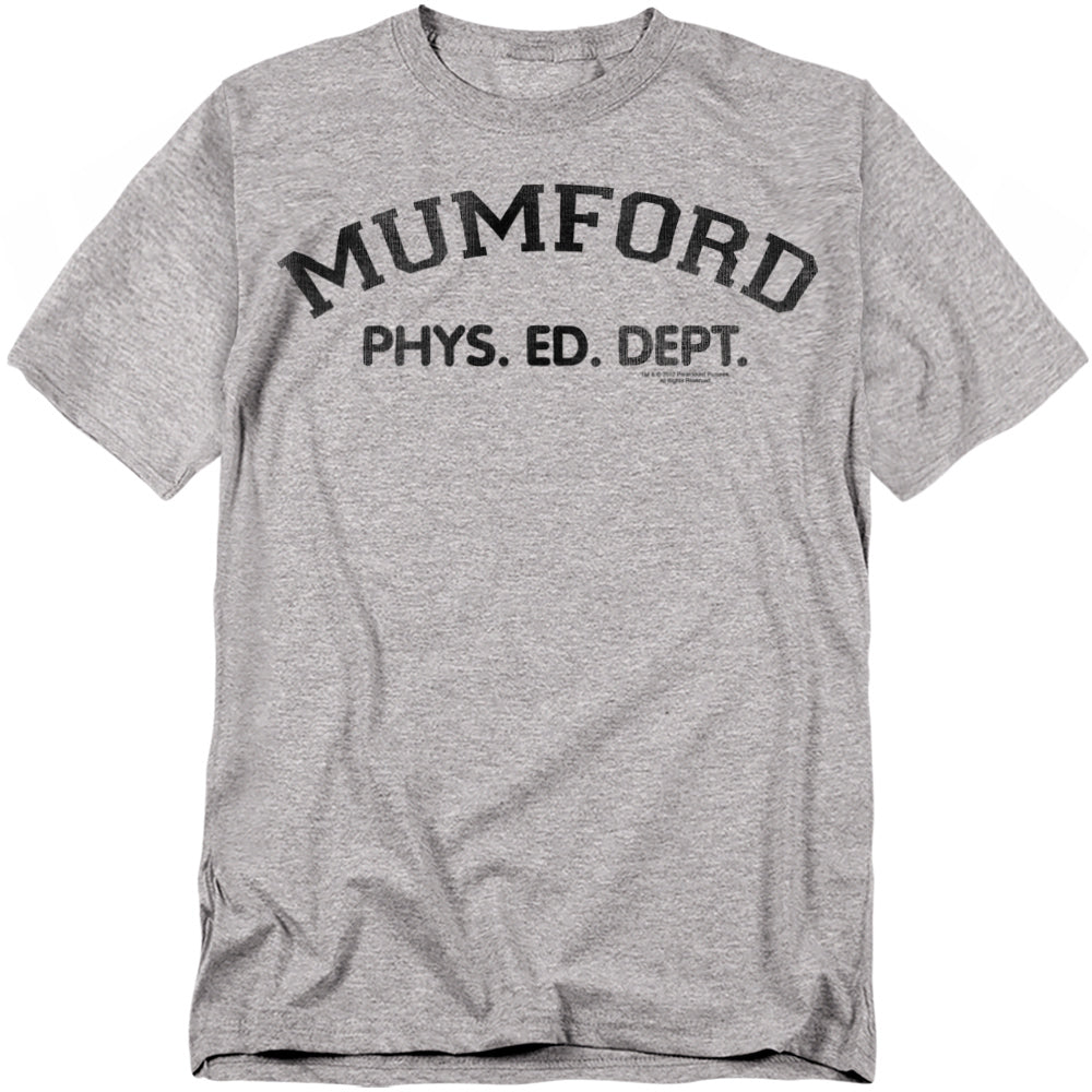 Heather grey T-shirt with black “Mumford Phys. Ed. Dept.” athletic text graphic.