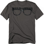 Charcoal t-shirt with distressed black print of thick-rimmed glasses, skull detail, and the text “Wild Thing” across the top inspired by Major League.