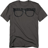 Charcoal t-shirt with distressed black print of thick-rimmed glasses, skull detail, and the text “Wild Thing” across the top inspired by Major League.