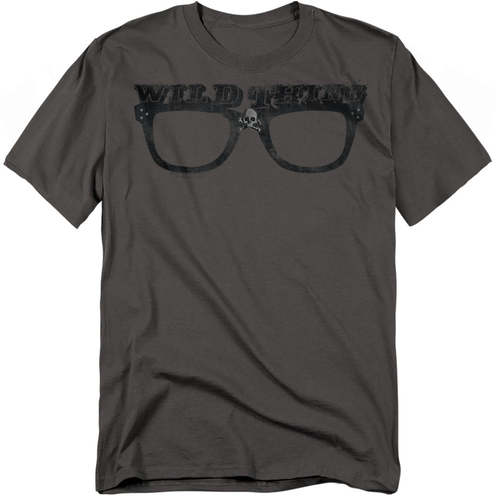 Charcoal t-shirt with distressed black print of thick-rimmed glasses, skull detail, and the text “Wild Thing” across the top inspired by Major League.