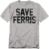 Gray t-shirt with large black distressed text reading “SAVE FERRIS,” inspired by Ferris Bueller’s Day Off.