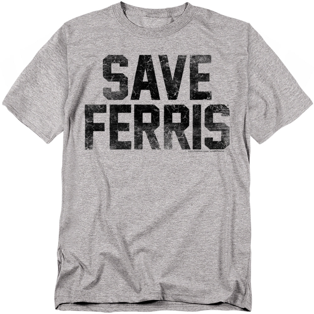 Gray t-shirt with large black distressed text reading “SAVE FERRIS,” inspired by Ferris Bueller’s Day Off.
