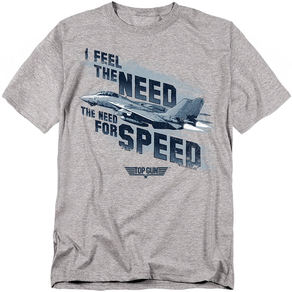 Heather grey T-shirt with distressed “Need for Speed” text and F-14 fighter jet Top Gun graphic.