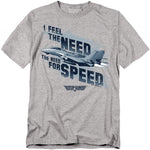 Heather grey T-shirt with distressed “Need for Speed” text and F-14 fighter jet Top Gun graphic.