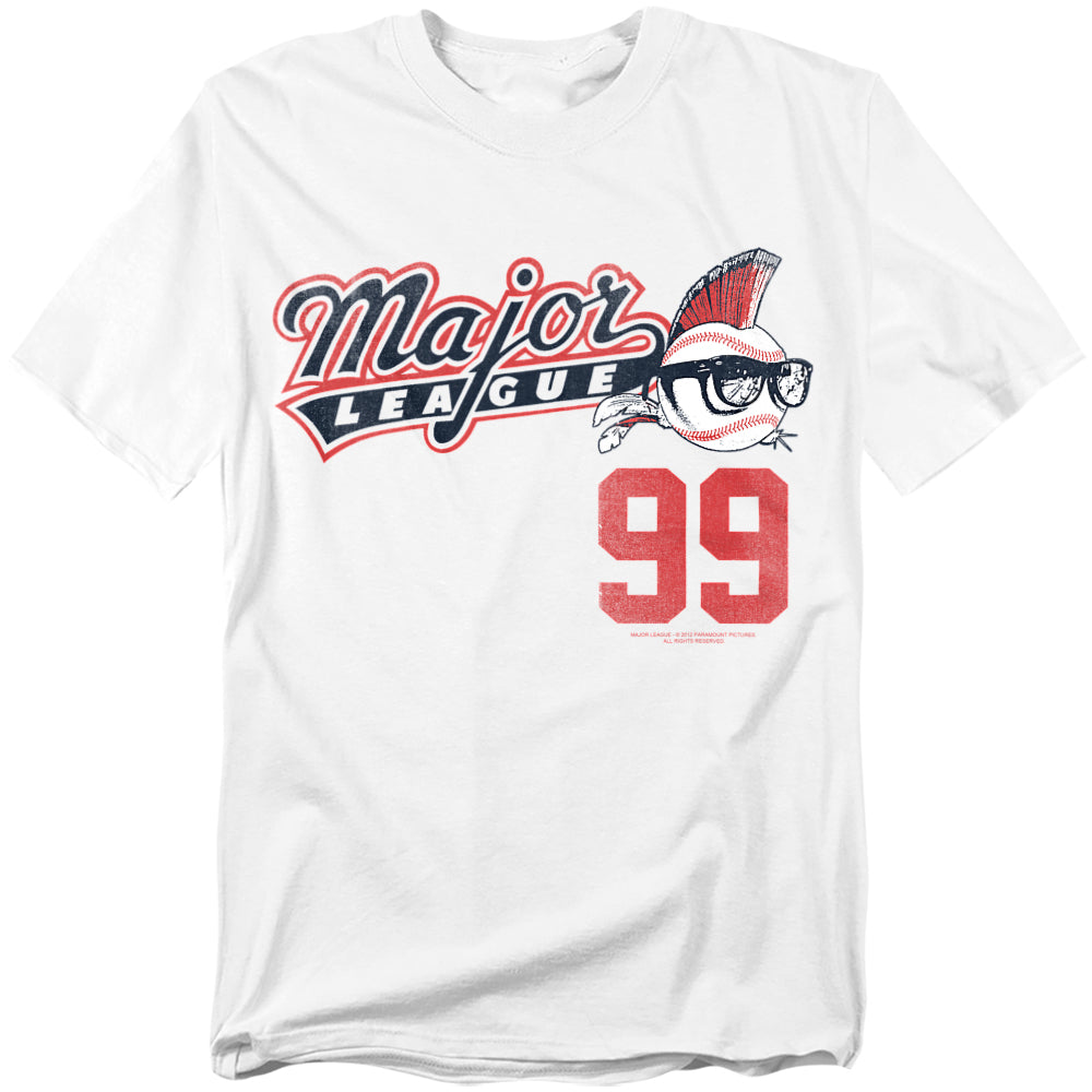 White t-shirt with Major League movie logo, mohawk baseball mascot in sunglasses, and large red “99” design.