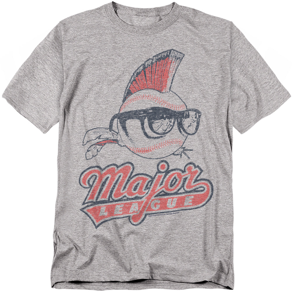Heather gray t-shirt featuring the Major League movie baseball logo with sunglasses and a red mohawk.