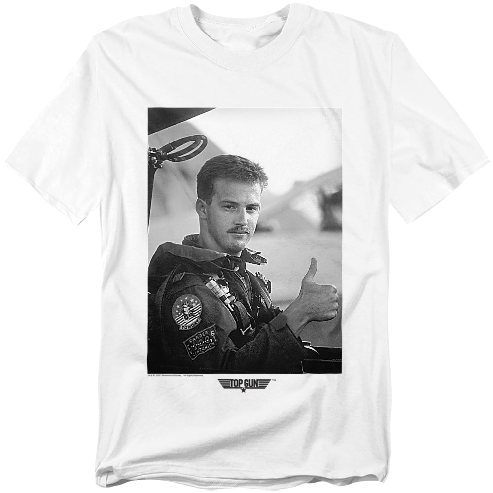 White t-shirt featuring black-and-white image of Goose from Top Gun in his flight suit giving a thumbs up.