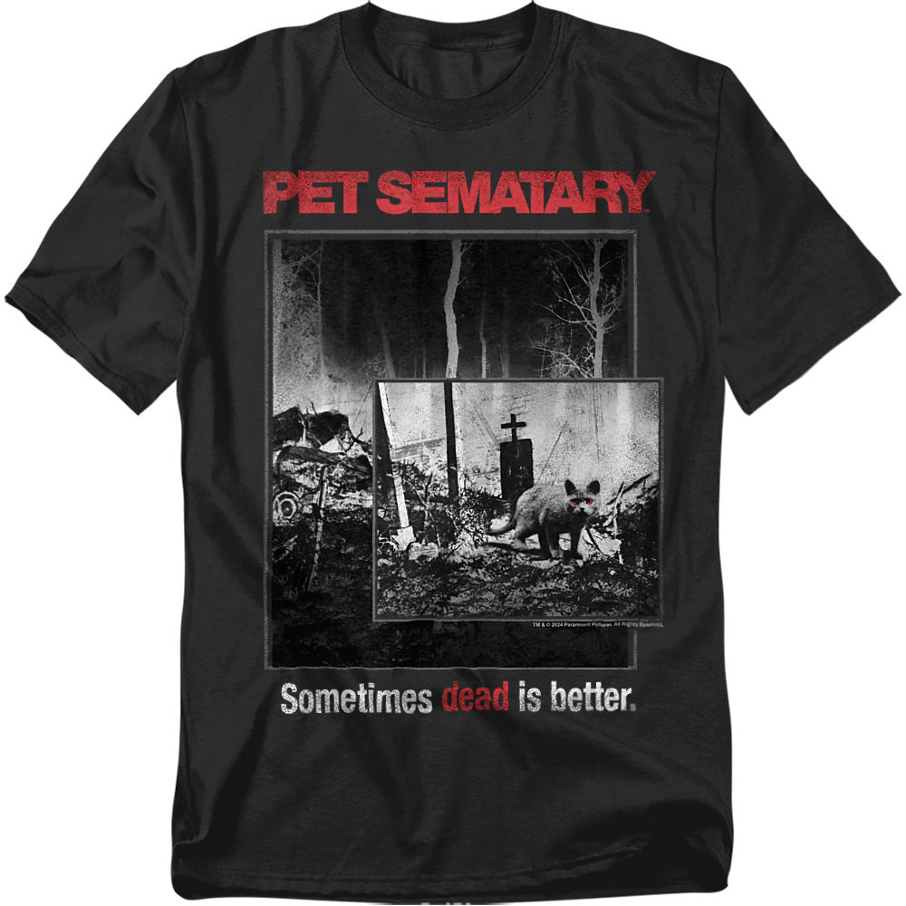 Creepy Pet Sematary t-shirt featuring the infamous tagline “Sometimes dead is better” with a graveyard scene and Church the cat.