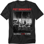Creepy Pet Sematary t-shirt featuring the infamous tagline “Sometimes dead is better” with a graveyard scene and Church the cat.
