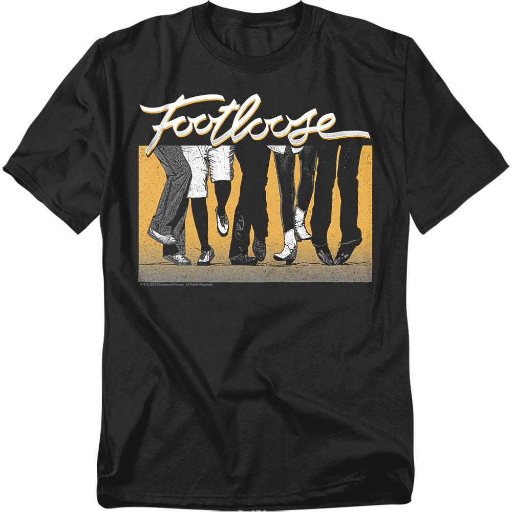 Black t-shirt with the Footloose logo above a graphic of dancing legs on a yellow background.