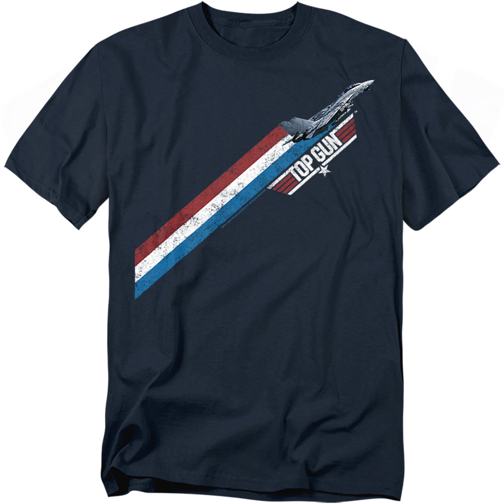 Navy blue T-shirt with Top Gun fighter jet graphic and red, white, and blue diagonal stripes.