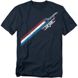 Navy blue T-shirt with Top Gun fighter jet graphic and red, white, and blue diagonal stripes.