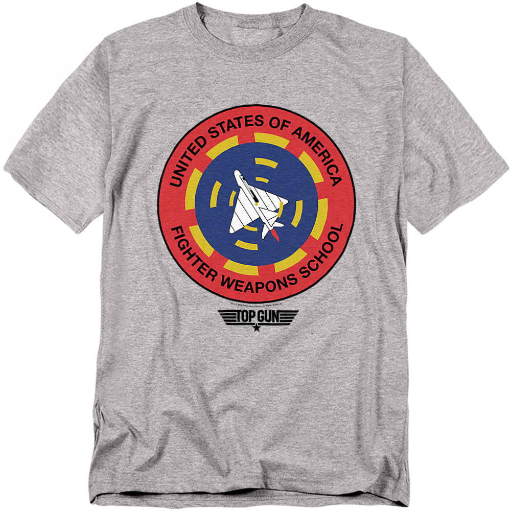 Heather grey T-shirt with circular Top Gun Fighter Weapons School patch logo and jet graphic.