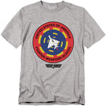 Heather grey T-shirt with circular Top Gun Fighter Weapons School patch logo and jet graphic.