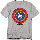 Heather grey T-shirt with circular Top Gun Fighter Weapons School patch logo and jet graphic.