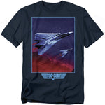 Navy T-shirt featuring two F-14 Tomcat jets flying through dramatic red and blue clouds with the Top Gun logo below.