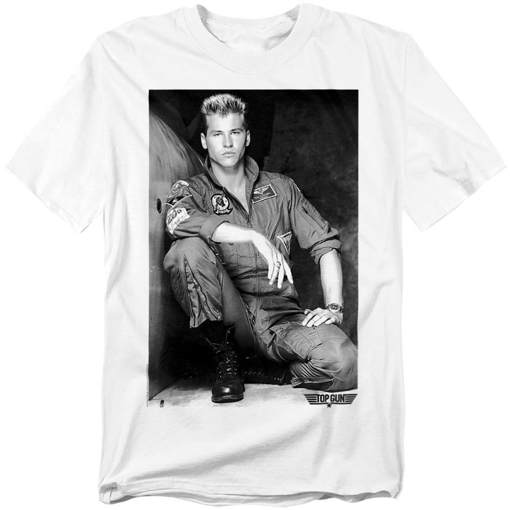 White t-shirt with a black-and-white portrait of Val Kilmer as Iceman in his Top Gun flight suit, sitting with a confident pose.