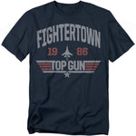 Navy blue T-shirt with distressed “Fightertown 1986” and Top Gun logo graphic.