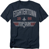 Navy blue T-shirt with distressed “Fightertown 1986” and Top Gun logo graphic.
