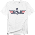 White T-shirt with distressed Top Gun logo featuring a jet silhouette and red wing stripes.