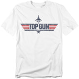 White T-shirt with distressed Top Gun logo featuring a jet silhouette and red wing stripes.