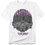 White t-shirt with a large graphic of Maverick’s fighter pilot helmet in red, white, and blue, with the Top Gun logo underneath.