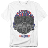 White t-shirt with a large graphic of Maverick’s fighter pilot helmet in red, white, and blue, with the Top Gun logo underneath.