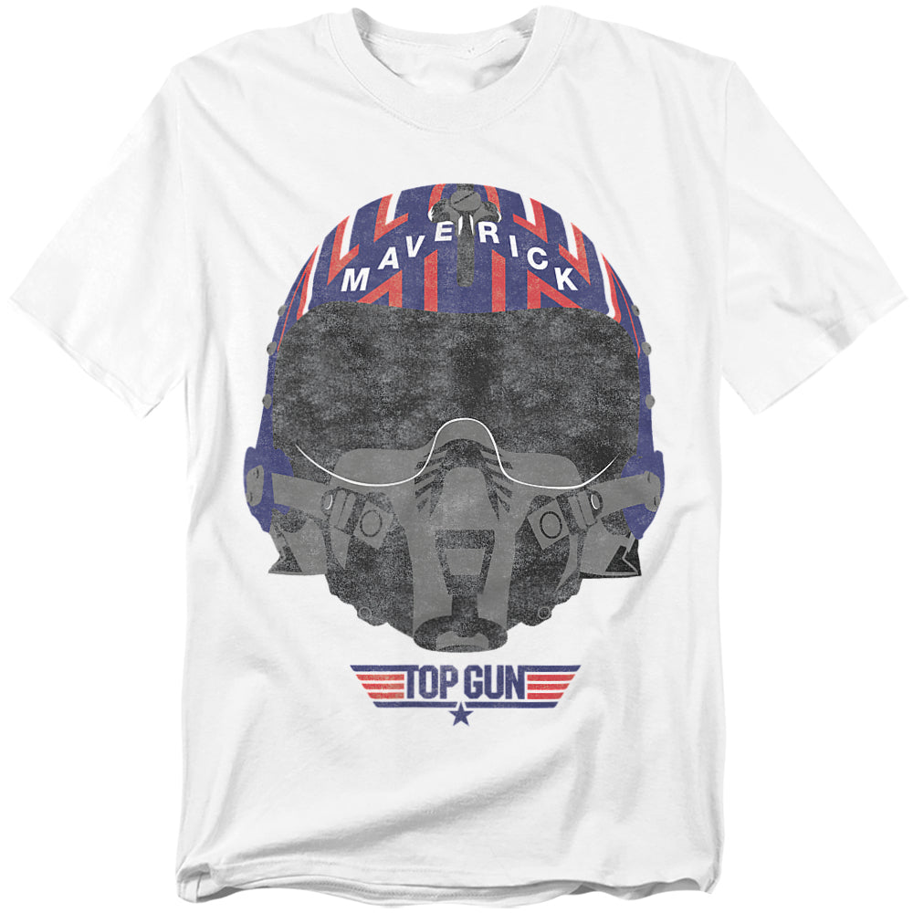 White t-shirt with a large graphic of Maverick’s fighter pilot helmet in red, white, and blue, with the Top Gun logo underneath.